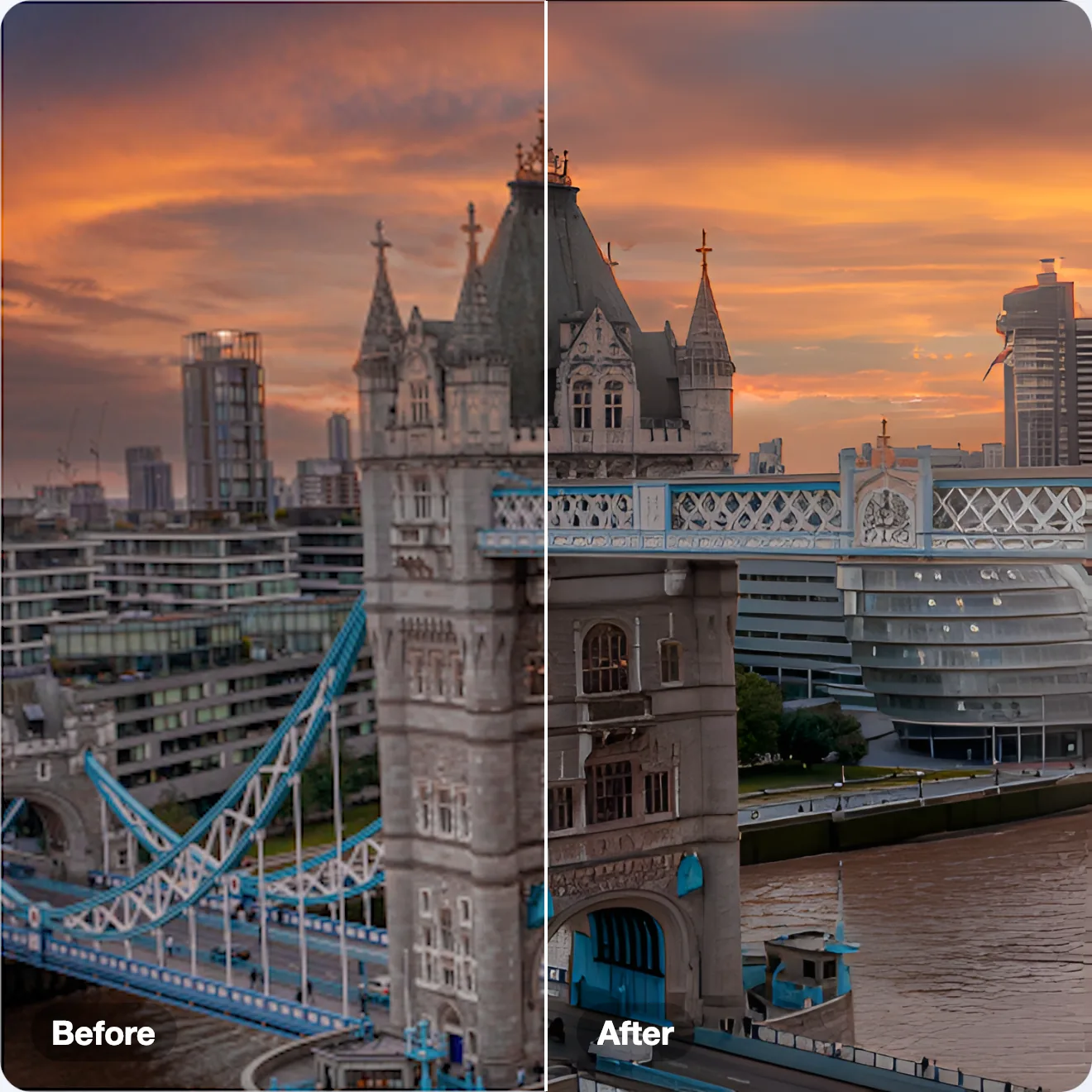 Tower Bridge split down the middle: a quarter-resolution photo enlarged normally on the left, AI-upscaled on the right