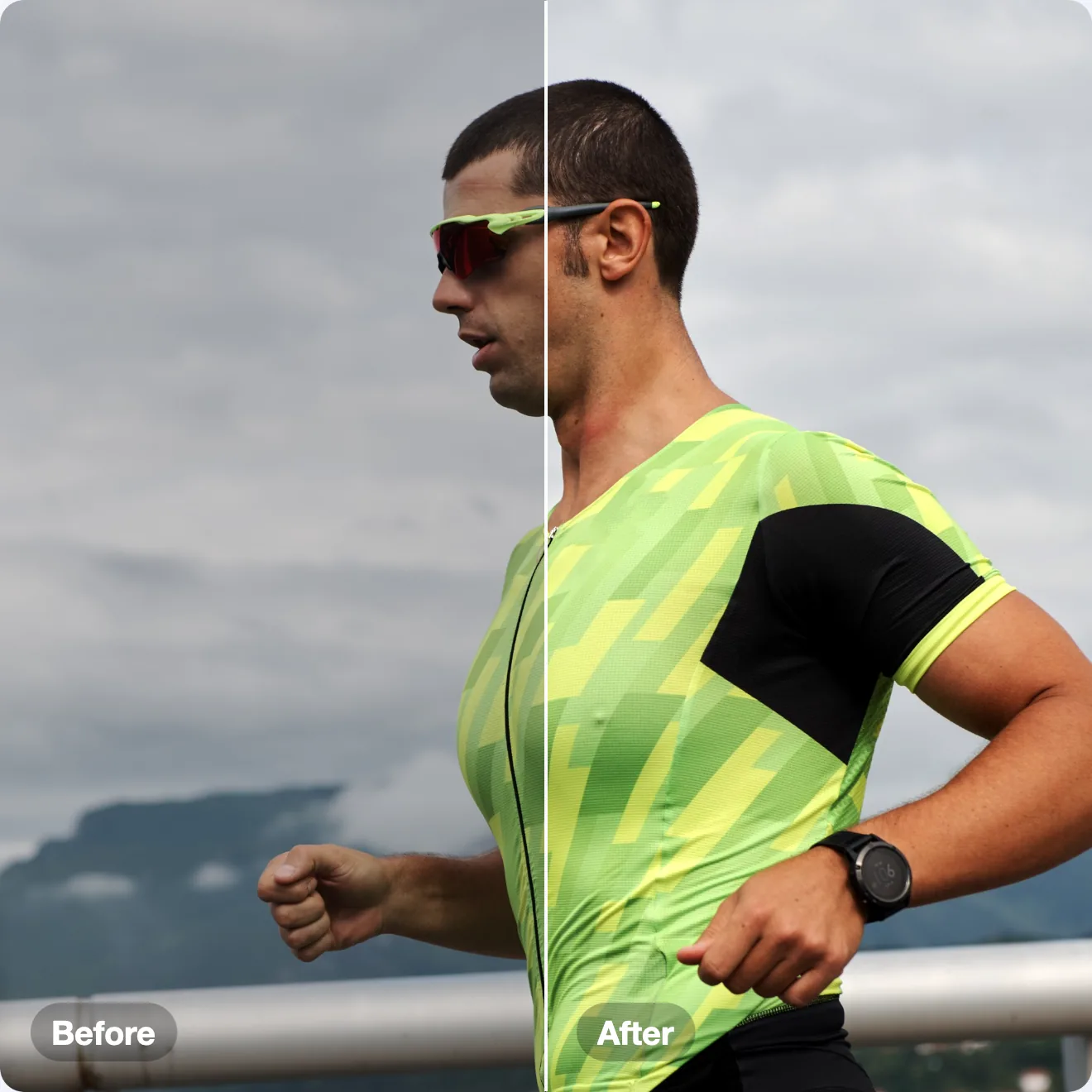 A runner under an overcast sky, split through the face: the photo as shot on the left, auto-enhanced on the right