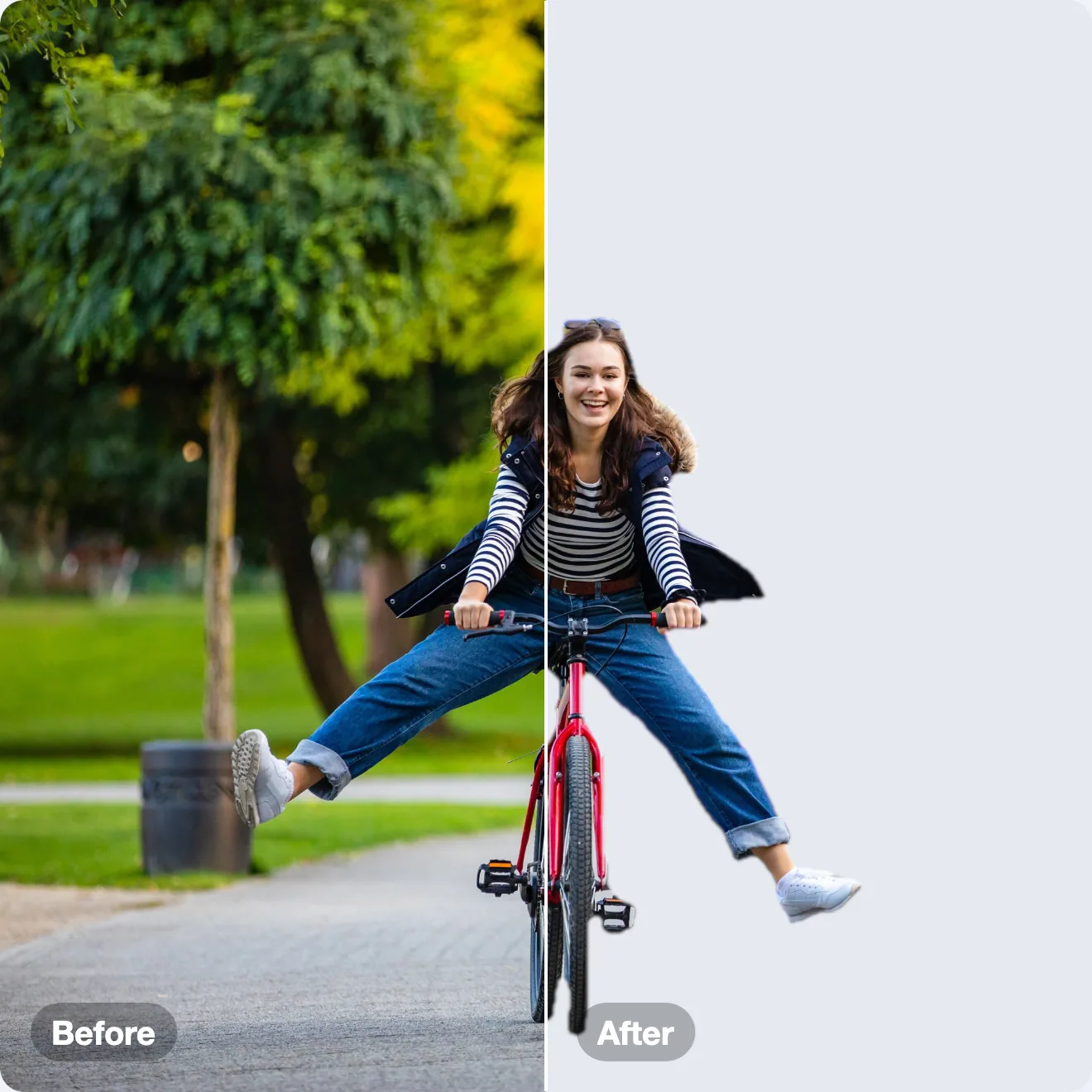 A girl on a bike in a park, split down the middle: the original photo on the left, the cut-out on a plain backdrop on the right