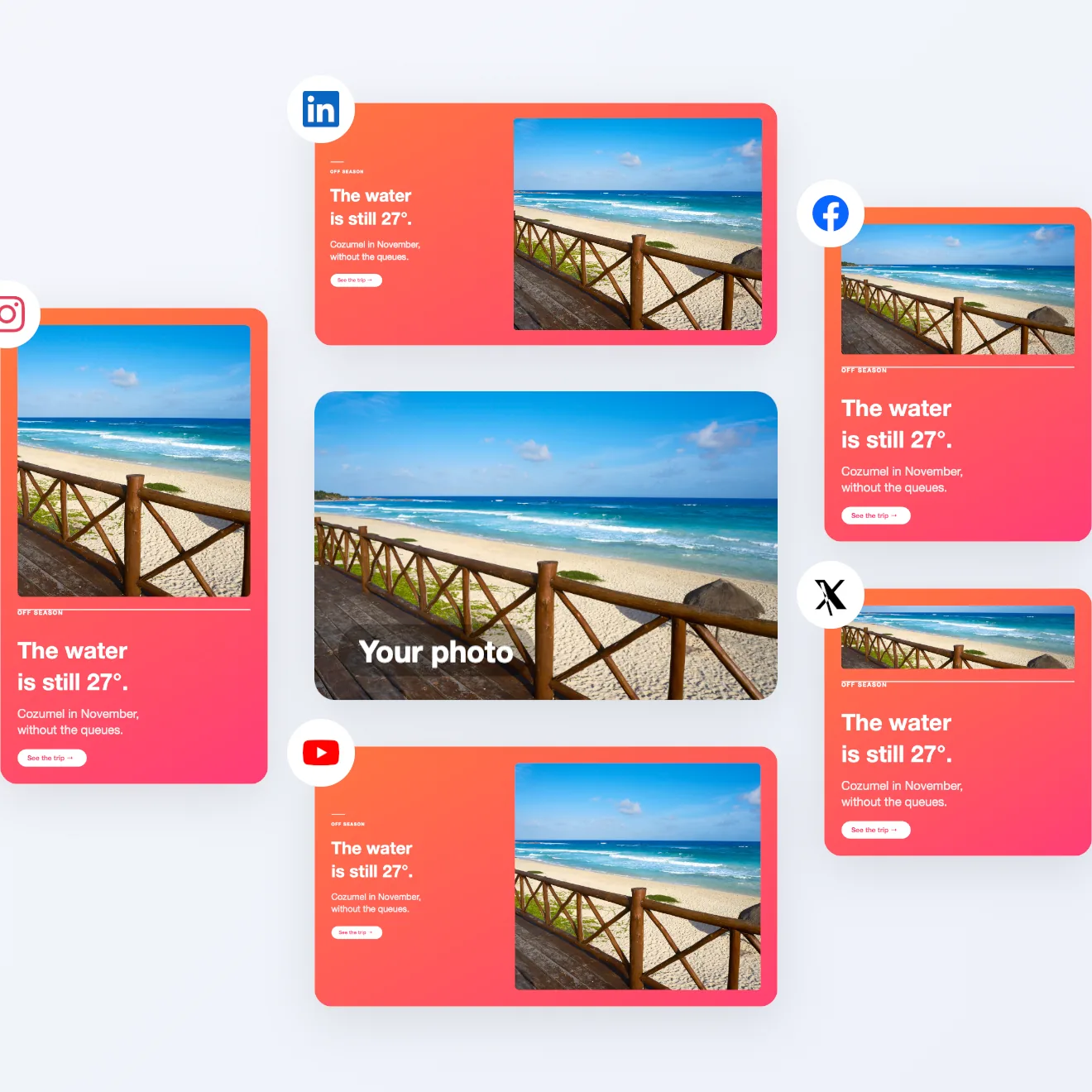 One beach photo in the middle, surrounded by the same post in five platform formats